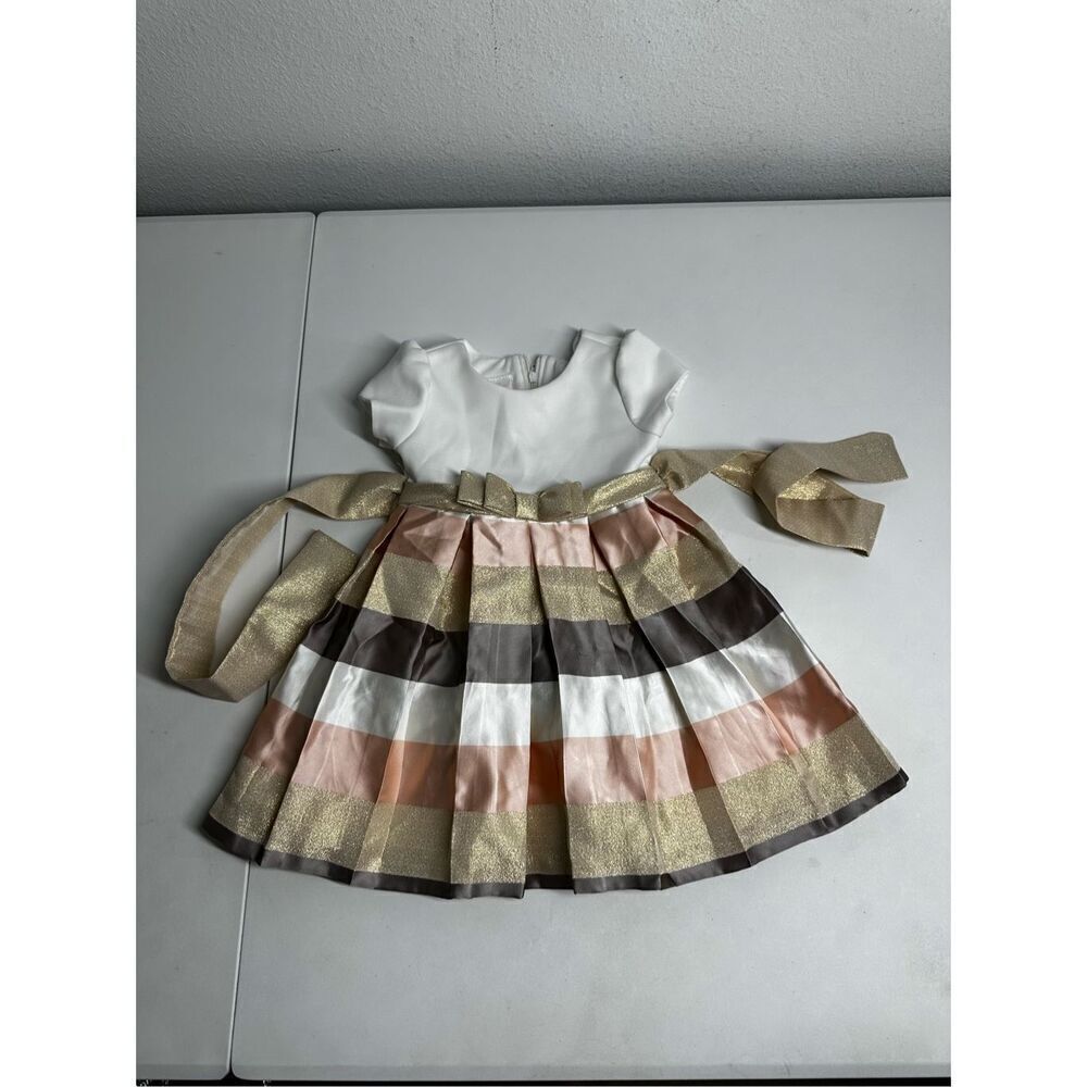 Bonnie Jean Baby Formal Dress Gold Pink Back Zip Bow Size 18 M